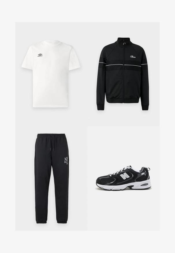 Musta vetoketjullinen takki sileästä kankaasta, jossa valkoiset vaakaraitoja ja rintakehällä logo. Klassinen urheilullinen malli korkealla kauluksella.; Valkoinen lyhythihainen T-paita, jossa on musta Umbro-logo vasemmassa rinnassa, pyöreä kaula-aukko, yksinkertainen muotoilu, esitetty vaalealla taustalla.; Musta juoksuhousut, joissa on joustava vyötärö ja lahkeensuut, ylävasemmalla reidellä valkoinen "New Balance" -logo.; Mustat ja harmaat urheilukengät, joissa on verkkokangas- ja keinonahka päällyste, valkoinen välipohja, nauhat sekä rohkea "N"-logo sivussa.
