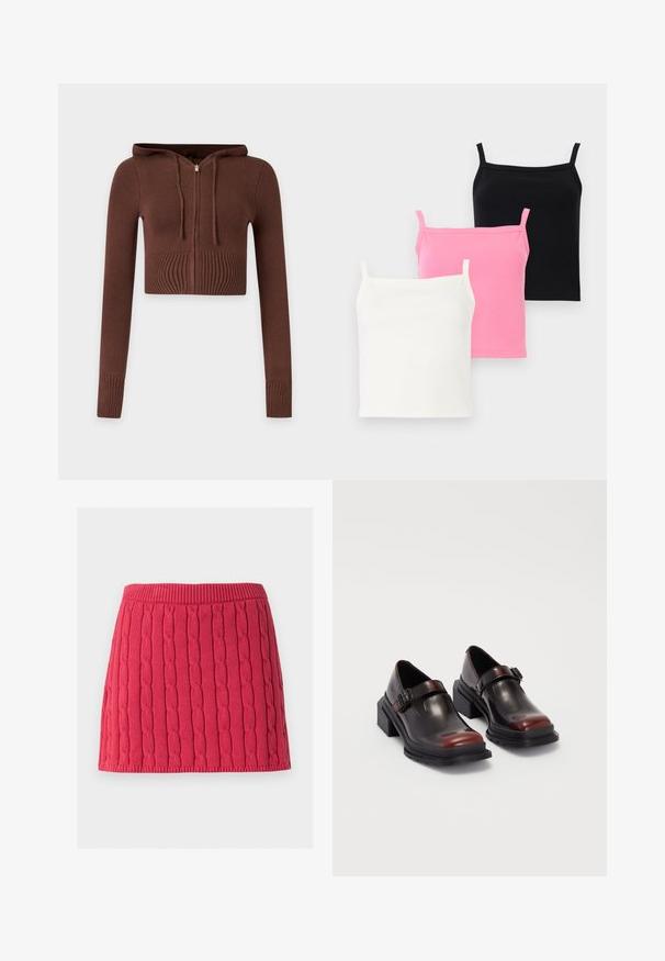 Brauner gestrickter kurzer Hoodie mit langen Ärmeln, gerippten Bündchen und einem vorderen Reißverschluss auf einfachem Hintergrund.; Drei einfarbige ärmellose Tanktops in Schwarz, Pink und Weiß, überlappend auf einem hellen Hintergrund dargestellt.; Roter gestrickter Minirock mit vertikalem Zopfmuster und geripptem Bund und Saum vor weißem Hintergrund.; Leder-Blockabsatzschuhe mit glänzender dunkelburgunderfarbener Oberfläche, ausgestattet mit einem Schnallenriemen und einem runden Zehendesign. Texturierte Außensohle für besseren Grip.