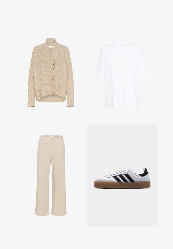 Cárdigan de punto grueso en color beige con cuello de chal acanalado, tres botones grandes en la parte delantera, mangas largas y un dobladillo trasero ligeramente más largo.; Camiseta blanca hecha de algodón suave, con cuello redondo, mangas cortas sueltas y un dobladillo recto sin patrones ni acentos visibles.; Pantalones de pana anchos en color beige con una textura acanalada sutil, lazos para cinturón, cierre frontal con cremallera y dos bolsillos laterales.; Zapatillas de cuero blancas con rayas negras, suela de goma, puntera redonda, cierre de cordones y caperuza de ante gris suave.