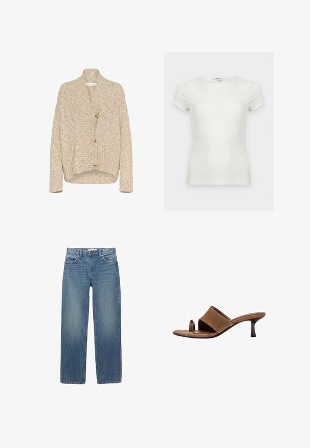 Beige chunky strik cardigan med ribbet sjalskrave, tre store knapper ned foran, lange ærmer og en lidt længere baghel.; Plain hvid tætsiddende t-shirt med korte ærmer og rund halsudskæring, vist på en neutral baggrund.; Lysblå denimjeans med lige snit, fem lommer og hardware i kobberfarve. Stoffet har en let falmning og en glat tekstur.; Brun mokasin sandal med lav lillehæl og en tåring med en lille sølvdetalje, vist fra siden på en hvid baggrund.