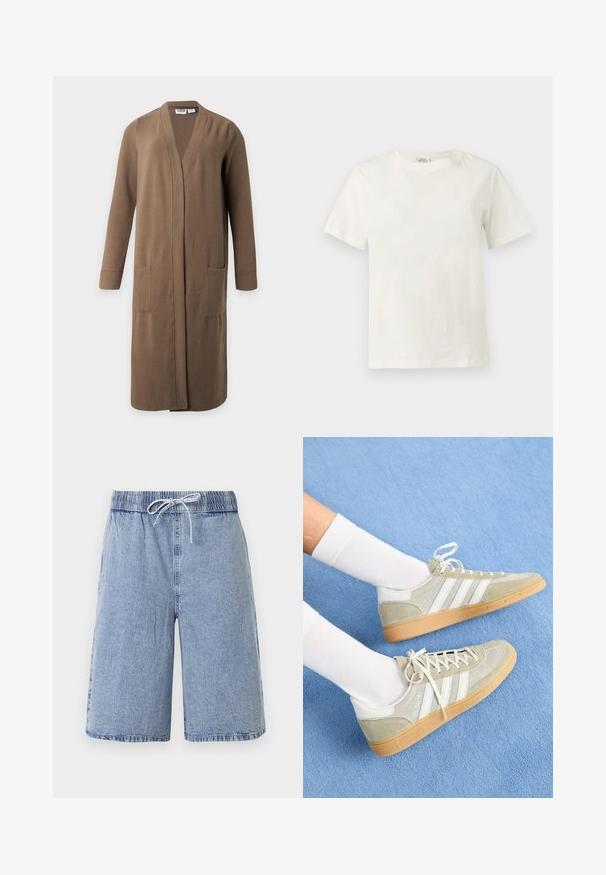 Lange bruine open cardigan met lange mouwen en twee voorzakken, weergegeven op een effen lichte achtergrond.; Effen witte katoenen T-shirt met korte mouwen en ronde hals, weergegeven op een neutrale lichtgrijze achtergrond.; Lichtblauwe denimshorts met elastische tailleband en witte trekkoord, knielang en losvallend.; Lichtgrijze suède sneakers met witte rubberaccenten, featuring drie witte strepen en een gumsole, gedragen met witte sokken op een blauwe achtergrond.
