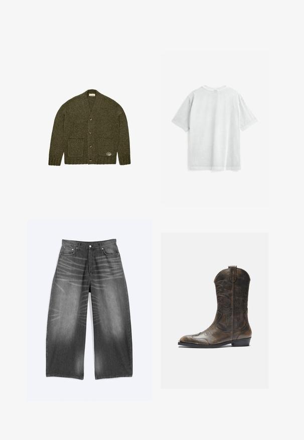Cárdigan de punto verde oscuro con cuatro botones, dos bolsillos frontales, puños y dobladillo acanalados, y pequeño detalle bordado en el bolsillo inferior.; Camiseta de algodón gris claro con mangas cortas, cuello redondo y un ajuste holgado. Cuenta con una textura suave y costuras limpias a lo largo de los bordes.; Vaqueros de denim negro desteñido de pierna ancha con bolsillos delanteros y cierre de botones, mostrados planos sobre un fondo claro.; Bota de cowboy de cuero marrón con un caña alta, puntera puntiaguda, patrones de costura intrincados y un tacón pequeño. Acabado texturizado en toda la bota.