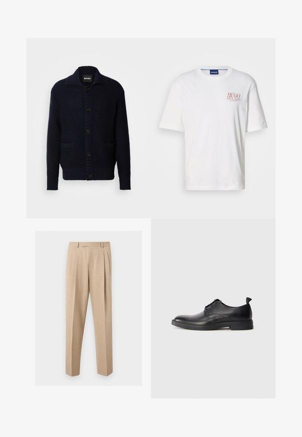 Cárdigan de punto azul marino con cuello grande, cierre de botones y dos bolsillos delanteros; diseño texturizado con puños y dobladillo acanalados.; Camiseta blanca de algodón con mangas cortas, cuello redondo y un diseño de logo rojo en la zona del pecho izquierdo. Textura suave.; Pantalones beige a medida con pinzas delanteras, trabillas para el cinturón y perneras rectas, mostrados sobre un fondo claro y liso.; Zapato de vestir para hombre de cuero negro con cierre de cordones y tira en el talón, mostrado en perfil lateral sobre un fondo blanco liso.