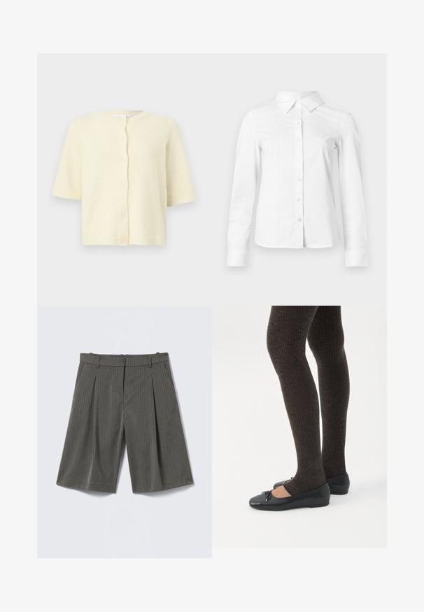 Cardigan à manches courtes de couleur crème avec col rond et cinq boutons sur le devant, présenté sur un fond clair uni.; Chemise blanche à manches longues avec boutons, col pointu, ourlet droit et silhouette ajustée, présentée sur un fond clair uni.; Shorts ajustés gris à fines rayures, longueur au genou, avec poches latérales, passants pour ceinture et plis à l'avant, posés à plat sur un fond clair.; Jambes portant des leggings côtelés foncés associés à des ballerines noires avec de petits détails en nœud sur fond blanc.