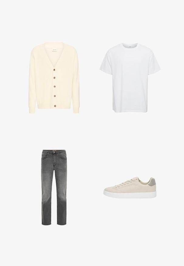 Lichtbeige cardigan met een V-hals en zes knopen aan de voorkant. De stof lijkt zacht en gebreid, geschikt om te dragen in lagen.; Witte katoenen t-shirt met korte mouwen, ronde hals en een relaxte pasvorm. Soepele textuur, geen patronen of accenten. Eenvoudig ontwerp.; Rechtafstaande jeans voor mannen in vervaagd donkergrijs denim met voorzakken, riemlussen en knoopsluiting.; Beige suède sneakers met witte rubberen zolen, met een low-top ontwerp en een grijze accent op de hiel. Vetersluiting met minimale stiksels.