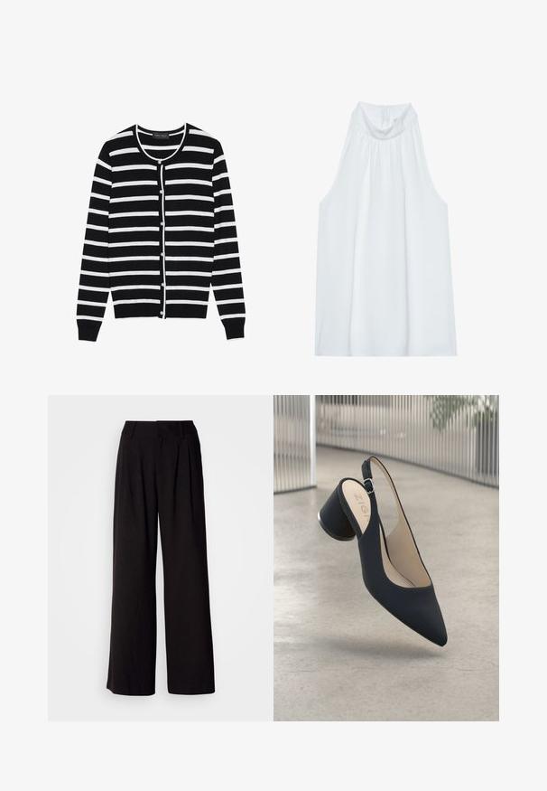 Cardigan à rayures noires et blanches, avec un col rond, des manches longues et des boutons en forme de perle sur le devant.; Haut sans manches blanc avec un col montant, en tissu doux, présentant des détails froncés au niveau du col et une fermeture éclair dissimulée à l'arrière.; Pantalon large noir en tissu lisse, avec des plis à l'avant, une taille ajustée, et sans motifs ni accents visibles.; Escarpin noir à talon haut et bride arrière, avec un bout pointu, une texture lisse et un accent en métal sur le talon, doté d'une petite boucle réglable.
