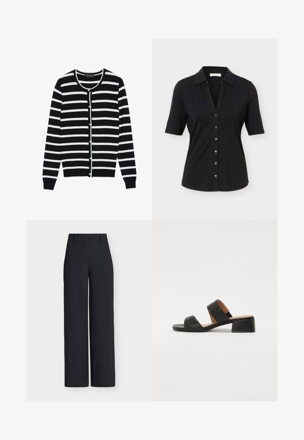 Cardigan à rayures noires et blanches, avec un col rond, des manches longues et des boutons en forme de perle sur le devant.; Chemise noire à manches courtes avec col, six boutons sur le devant, et une silhouette légèrement cintrée.; Pantalon noir taille haute à jambes larges, avec passants pour ceinture et fermeture dissimulée à l'avant.; Sandale en cuir noir avec deux larges bandes traversant le pied, un bout carré et un petit talon carré. Texture lisse et design minimal.