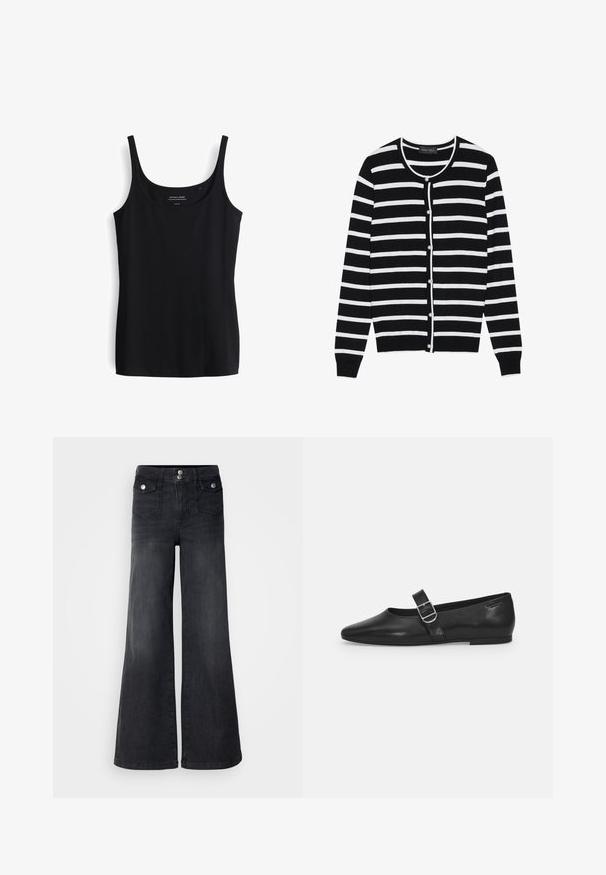 Zwart-wit gestreepte cardigan met een ronde hals, lange mouwen en parelachtige knoopsluitingen aan de voorkant.; Zwarte tanktop met dunne bandjes, gemaakt van zacht, rekbaar materiaal. Heeft een eenvoudig, getailleerd ontwerp en een ronde halslijn.; Zwarte denim wijd uitlopende jeans met een hoge taille, voorste knopen en twee voorzakken; soepele textuur met een lichte vervaging.; Zwarte leren platte schoen met een ronde neus, een enkele verstelbare gespsluiting en een gladde, glanzende textuur. Minimalistisch ontwerp met een lage hak.