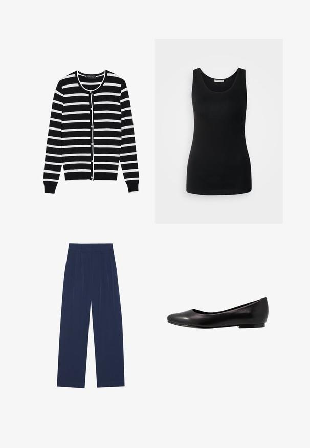 Sort og hvid stribet cardigan med en rund halsudskæring, lange ærmer og perleagtige knaplukninger ned ad forsiden.; Sort ærmeløs tanktop, lavet af glat stof, har en klassisk rund halsudskæring og en tætsiddende design. Ingen mønstre eller detaljer.; Marineblå bredbenede bukser lavet af blød stof, med frontfolder, en glat tekstur og en lige pasform uden synlige lommer.; Sort ballette sko lavet af glat læder med rund tå og lav, flad sål. Har en glat overflade med et enkelt og strømlinet design.