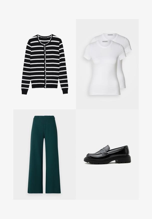 Sort og hvid stribet cardigan med en rund halsudskæring, lange ærmer og perleagtige knaplukninger ned ad forsiden.; To hvide bomulds t-shirts med korte ærmer, rund halsudskæring og en tætsiddende silhuet, der viser en glat tekstur og et minimalistisk design.; Bredde ben bukser i mørkegrønt stof. Har høj talje, frontfolder og bæltesløjfer. Glat tekstur og skræddersyet design.; Sort skinnende læderloafer med kraftig sål og pennyrem, vist i sideprofil på en ensfarvet hvid baggrund.