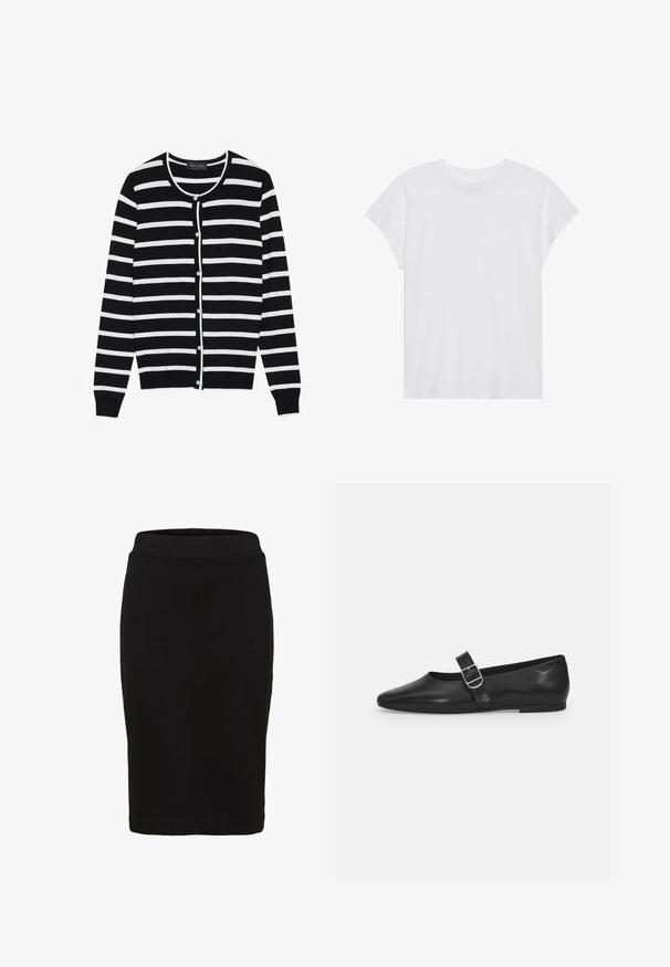 Zwart-wit gestreepte cardigan met een ronde hals, lange mouwen en parelachtige knoopsluitingen aan de voorkant.; Witte t-shirt met korte mouwen, ronde hals, relaxte pasvorm, gemaakt van zacht katoen. Glad textuur, geen patronen of logo's.; Zwarte kokerrok tot op de knie met een aansluitende tailleband en gladde stof, afgebeeld tegen een witte achtergrond.; Zwarte leren platte schoen met een ronde neus, een enkele verstelbare gespsluiting en een gladde, glanzende textuur. Minimalistisch ontwerp met een lage hak.