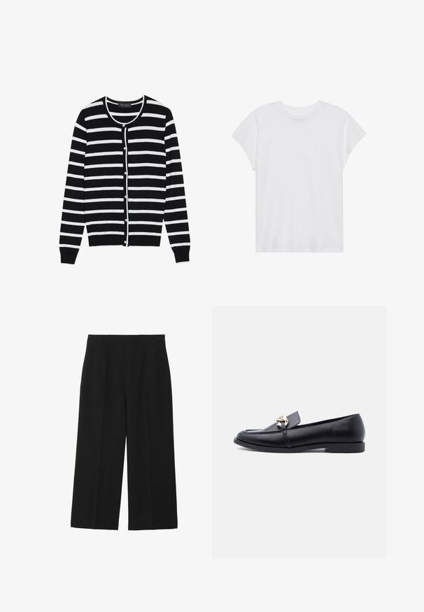 Cardigan à rayures noires et blanches, avec un col rond, des manches longues et des boutons en forme de perle sur le devant.; T-shirt blanc à manches courtes, col rond, coupe décontractée, en tissu de coton doux. Texture lisse, sans motifs ni logos.; Pantalons larges noirs en tissu lisse, avec deux poches avant, un devant plat, et une fermeture éclair sur le côté.; Mocassin en cuir noir avec talon bas et détail de chaîne dorée sur le dessus, vu de côté sur un fond uni clair.
