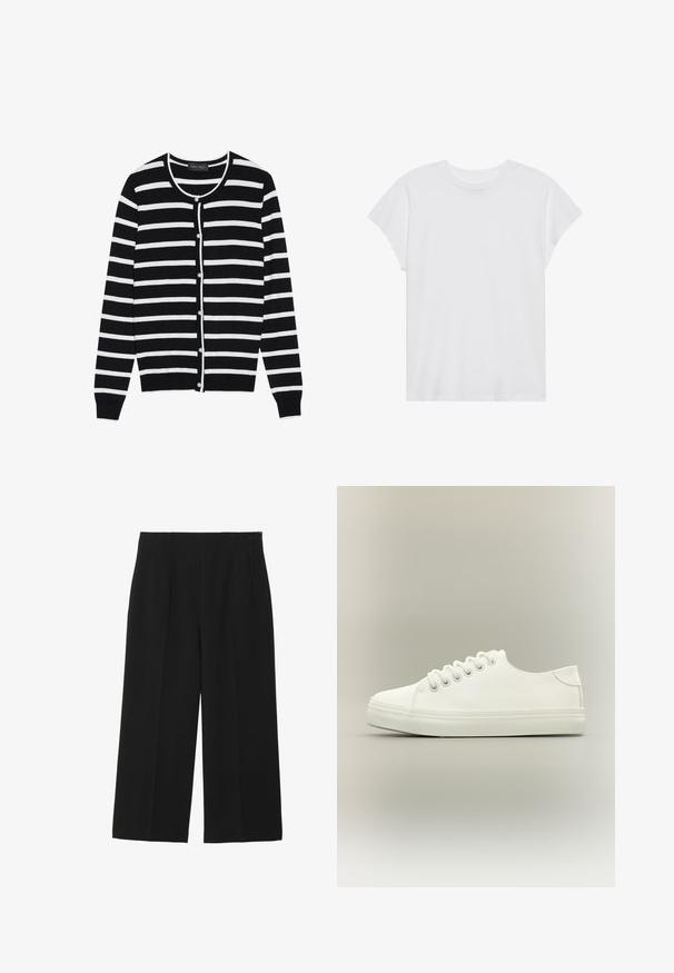 Sort og hvid stribet cardigan med en rund halsudskæring, lange ærmer og perleagtige knaplukninger ned ad forsiden.; Hvid kortærmet t-shirt med rund hals, afslappet pasform, lavet af blødt bomuldsstof. Glat tekstur, ingen mønstre eller logoer.; Sorte breddebenede bukser lavet af glat stof, med to forlommer, flad front og lynlås lukning på siden.; Hvid lavtop sneaker med hvide snørebånd og gummisål vist fra siden på en neutral baggrund.