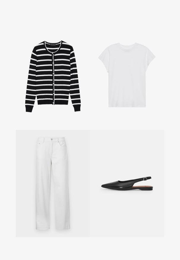 Zwart-wit gestreepte cardigan met een ronde hals, lange mouwen en parelachtige knoopsluitingen aan de voorkant.; Witte t-shirt met korte mouwen, ronde hals, relaxte pasvorm, gemaakt van zacht katoen. Glad textuur, geen patronen of logo's.; Witte denim broek met een losse pasvorm, voorzien van een knoop- en ritssluiting, ceintuurlussen en een traditionele vijf-pocketontwerp.; Zwarte leren slingback schoen met een spitse neus, subtiele glans en een verstelbare enkelband. Platte hak met een brown inlegzool.