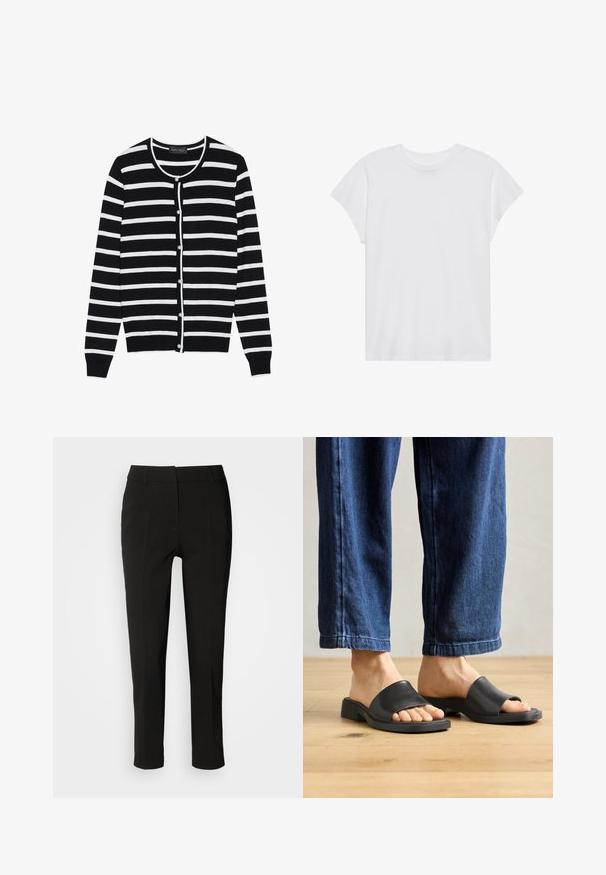 Sort og hvid stribet cardigan med en rund halsudskæring, lange ærmer og perleagtige knaplukninger ned ad forsiden.; Hvid kortærmet t-shirt med rund hals, afslappet pasform, lavet af blødt bomuldsstof. Glat tekstur, ingen mønstre eller logoer.; Sorte skræddersyede bukser med slim fit, flad front og uden synlige lommer, med en glat tekstur og en ren finish ved kanten.; Sorte slip-on sandaler lavet af glat materiale, med åben tå og en bred toprem, sat mod mørk denim bukser med lige pasform.