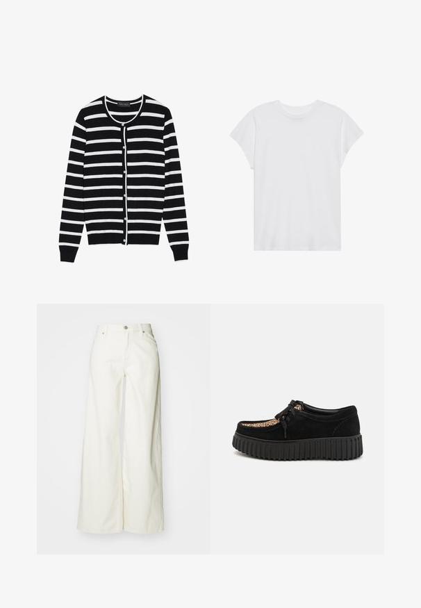 Cardigan à rayures noires et blanches, avec un col rond, des manches longues et des boutons en forme de perle sur le devant.; T-shirt blanc à manches courtes, col rond, coupe décontractée, en tissu de coton doux. Texture lisse, sans motifs ni logos.; Jean blancs à jambes larges en denim. Dotés d'une taille haute, d'une fermeture à bouton à l'avant et d'un design classique à cinq poches. Texture lisse, sans motifs.; Chaussure en suede noire avec une accent en imprimé léopard, à bout rond, design à lacets, et semelle épaisse en caoutchouc noir avec texture nervurée.