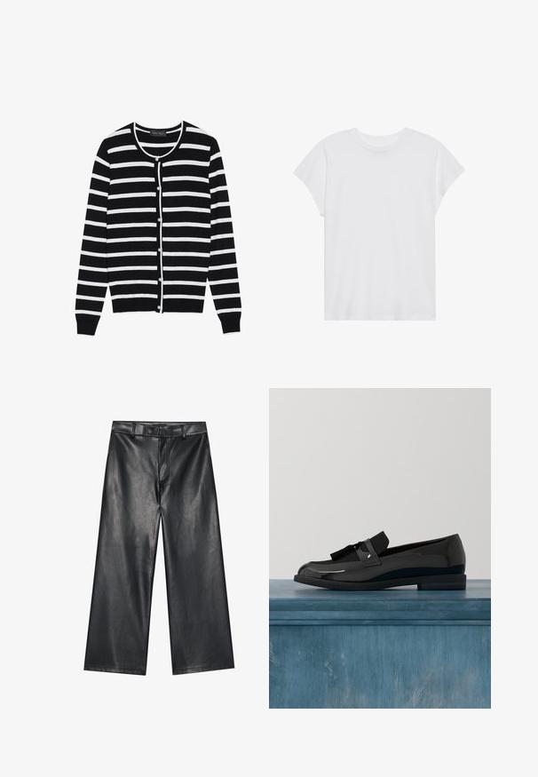 Sort og hvid stribet cardigan med en rund halsudskæring, lange ærmer og perleagtige knaplukninger ned ad forsiden.; Hvid kortærmet t-shirt med rund hals, afslappet pasform, lavet af blødt bomuldsstof. Glat tekstur, ingen mønstre eller logoer.; Sorte læder bukser med brede ben og en glat tekstur, bæltestropper og en frontlynlås. Har en løs pasform og rene syninger.; Sorte patenterede lædersko med flad hæl, med et frynsedetalje og glat overflade, designet med en rund tå og subtil søm.