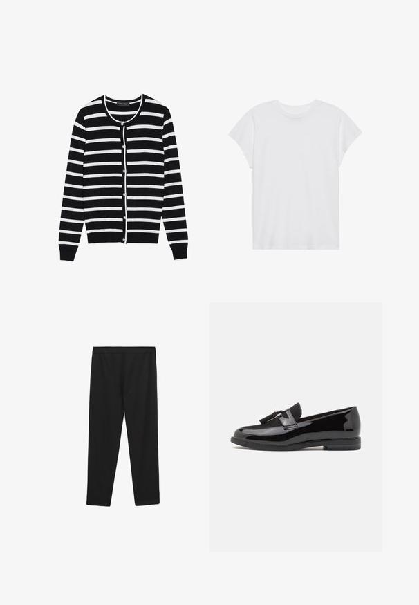 Zwart-wit gestreepte cardigan met een ronde hals, lange mouwen en parelachtige knoopsluitingen aan de voorkant.; Witte t-shirt met korte mouwen, ronde hals, relaxte pasvorm, gemaakt van zacht katoen. Glad textuur, geen patronen of logo's.; Zwarte, elastische sportbroek met een gladde textuur, elastische tailleband en rechte snit, geschikt voor sportkleding of casual gebruik.; Zwarte patentleren instappers met een ronde neus, decoratieve zwarte suède band en platte rubberen zool. Glad oppervlak met een glanzende afwerking.