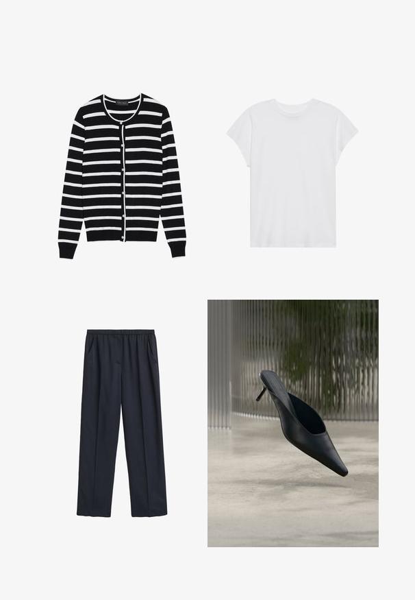 Cardigan à rayures noires et blanches, avec un col rond, des manches longues et des boutons en forme de perle sur le devant.; T-shirt blanc à manches courtes, col rond, coupe décontractée, en tissu de coton doux. Texture lisse, sans motifs ni logos.; Pantalons larges navy avec une taille élastique, deux poches latérales, texture de tissu douce et design fluide.; Mule noire à bout pointu avec un talon fin et haut flottant au-dessus d'un sol en béton lisse, avec un arrière-plan flou à rayures verticales.