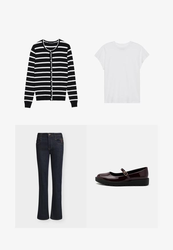 Sort og hvid stribet cardigan med en rund halsudskæring, lange ærmer og perleagtige knaplukninger ned ad forsiden.; Hvid kortærmet t-shirt med rund hals, afslappet pasform, lavet af blødt bomuldsstof. Glat tekstur, ingen mønstre eller logoer.; Mørkeblå denimjeans med lette vide ben, frontknap og lynlåslukning, forlommer og synlige syningsdetaljer.; Glinsende burgunderfarvede Mary Jane-sko med en rund tå, justerbar spænde rem og en sort, tekstureret platformsål.