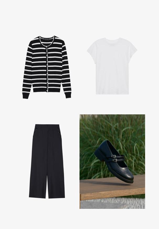 Cardigan à rayures noires et blanches, avec un col rond, des manches longues et des boutons en forme de perle sur le devant.; T-shirt blanc à manches courtes, col rond, coupe décontractée, en tissu de coton doux. Texture lisse, sans motifs ni logos.; Pantalons ample en tissu bleu marine foncé, avec une texture lisse, des plis avant et des œillets décoratifs en ton doré sur les poches latérales.; Chaussure Mary Jane en cuir noir avec doubles brides bouclées et détails brogue, flottant au-dessus d'un banc en bois avec en arrière-plan de l'herbe verte.