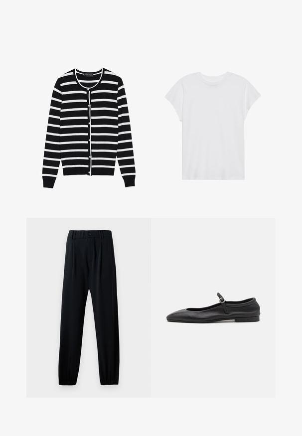 Sort og hvid stribet cardigan med en rund halsudskæring, lange ærmer og perleagtige knaplukninger ned ad forsiden.; Hvid kortærmet t-shirt med rund hals, afslappet pasform, lavet af blødt bomuldsstof. Glat tekstur, ingen mønstre eller logoer.; Sorte bukser med elastisk talje, knaplukning, lige ben og samlede manchetter. Fremstillet af et glat, let materiale.; Sorte læder balletflade med en rund tå, smal vamp og en lille ankelrem med en cirkulær spænde. Lav, flad sål.