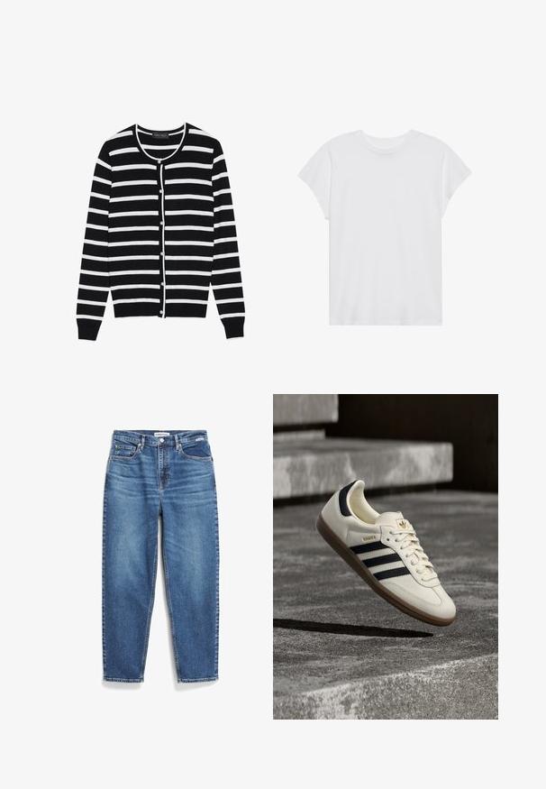 Zwart-wit gestreepte cardigan met een ronde hals, lange mouwen en parelachtige knoopsluitingen aan de voorkant.; Witte t-shirt met korte mouwen, ronde hals, relaxte pasvorm, gemaakt van zacht katoen. Glad textuur, geen patronen of logo's.; Blauwe denim jeans met een rechte pijpdesign, vijf zakken en subtiele vervaging. Heeft een knoopsluiting en contrasterende stiksels.; Witte Adidas Samba sneaker met zwarte strepen en gumzool, zwevend boven gestructureerde grijze betonnen treden.