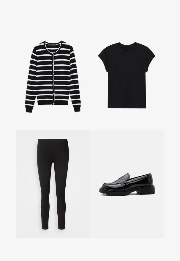 Schwarz-weiße gestreifte Strickjacke mit rundem Halsausschnitt, langen Ärmeln und perlgleichen Knöpfen entlang der Vorderseite.; Schwarzes Baumwoll-T-Shirt mit Rundhalsausschnitt, kurzen Ärmeln und entspannter Passform. Glatte Textur und keine sichtbaren Muster oder Verzierungen.; Schwarze Leggings aus elastischem Stoff mit nahtlosem Bund, figurbetontem Design und glatter Textur, geeignet für verschiedene Aktivitäten.; Schwarzer glänzender Lederloafer mit grober Profilsohle und Pennyriemen, im Seitenprofil auf weißem Hintergrund gezeigt.
