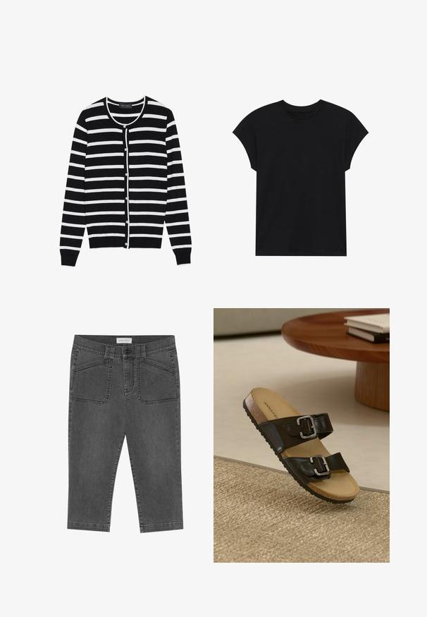 Cardigan à rayures noires et blanches, avec un col rond, des manches longues et des boutons en forme de perle sur le devant.; T-shirt en coton noir avec un col rond, des manches courtes et une coupe décontractée. Texture lisse sans motifs ni embellissements visibles.; Pantalons capri en denim gris au design ajusté, avec poches avant, fermeture à bouton et une texture légèrement usée.; Sandale noire à deux brides avec boucles en argent, semelle en liège et semelle en caoutchouc. Fini mate sur les brides, présentée sur une surface tissée texturée.