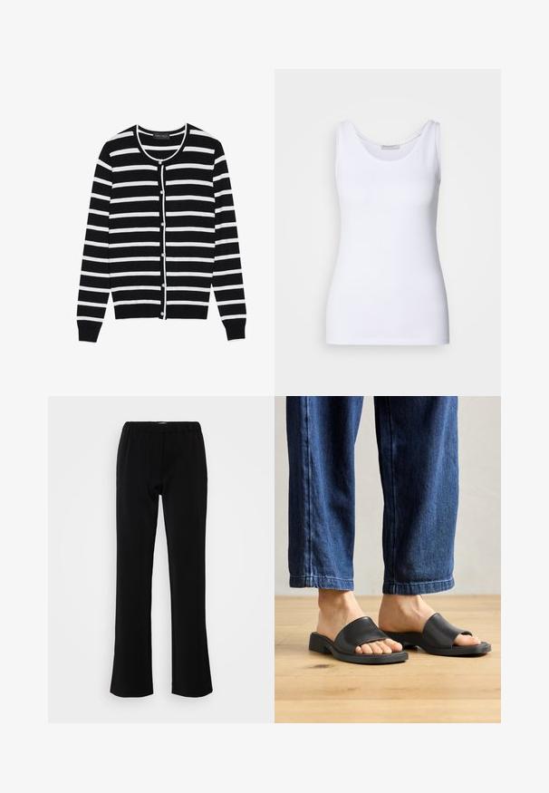 Zwart-wit gestreepte cardigan met een ronde hals, lange mouwen en parelachtige knoopsluitingen aan de voorkant.; Witte top met een gladde, rekbare stof. Beschikt over een ronde halslijn en brede schouderbanden. De zoom zit net onder de taille. Geen patronen of accenten.; Zwarte broek met een soepel flared ontwerp, gemaakt van een gladde stof. Heeft een elastische tailleband voor comfort en een strakke, eenvoudige silhouet.; Zwarte instapsandalen van glad materiaal, met een open teen en een brede bovenband, geplaatst tegen donkere denimspijkerbroeken met een rechte pasvorm.