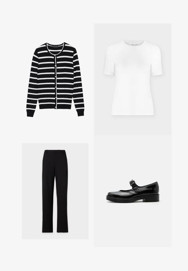 Sort og hvid stribet cardigan med en rund halsudskæring, lange ærmer og perleagtige knaplukninger ned ad forsiden.; Hvid T-shirt med rund hals, korte ærmer, slank pasform og ribbet stofstruktur, vist på en ensfarvet lys grå baggrund.; Sorte rette bukser til kjole med bæltestropper og uden synlige lommer, vist mod en ensartet lys grå baggrund.; Sort laklæder Mary Jane-sko med rund tå, lav blokhæl og justerbar spænde-rem over vristen.