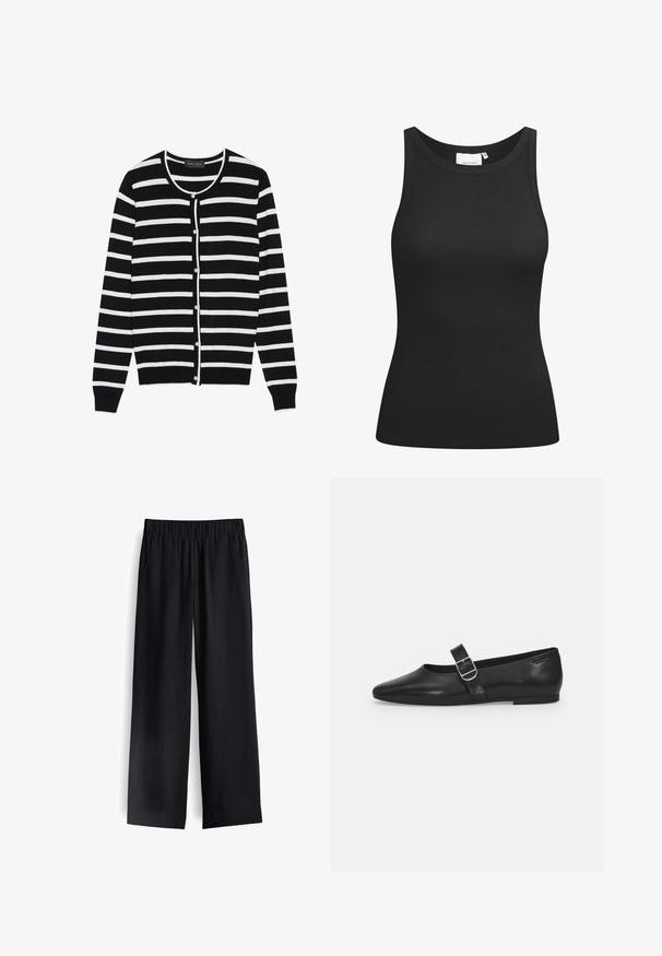 Schwarz-weiße gestreifte Strickjacke mit rundem Halsausschnitt, langen Ärmeln und perlgleichen Knöpfen entlang der Vorderseite.; Schwarzes Tanktop aus Rippstoff mit Rundhalsausschnitt und figurbetonter Passform. Flache Nähte und keine Verzierungen. Einfaches und elegantes Design.; Schwarze weit geschnittene Hose aus glattem Stoff, mit elastischem Bund und zwei vorderen Taschen, mit einem fließenden Fall und minimalistischem Design.; Schwarzer Lederflatschuh mit runder Zehenform, einem verstellbaren Schnallenriemen und einer glatten, glänzenden Oberfläche. Minimalistisches Design mit einem niedrigen Absatz.