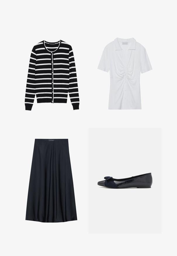 Sort og hvid stribet cardigan med en rund halsudskæring, lange ærmer og perleagtige knaplukninger ned ad forsiden.; Hvid kortærmet blouse med krave, der har en snoet knude detalje foran og en knaplukning. Glat ribbet tekstur.; Sort, knælang nederdel lavet af letvægtsstof med et svævende design. Har en glat tekstur og subtile plisseringer for en ekstra detalje.; Marineblå balletflade med en blank patentfinish og en struktureret ruskindsløkke på tåen, der har en rund tå og flad sål.
