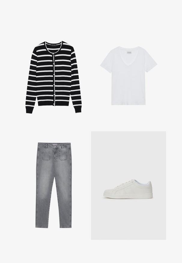 Cárdigan a rayas en blanco y negro con cuello redondo, mangas largas y cierres de botones perlados en la parte delantera.; Camiseta blanca de cuello en V y mangas cortas, hecha de suave tela de algodón. Diseño sencillo sin patrones ni acentos, con una etiqueta en el cuello.; Vaqueros grises de denim con corte recto, cinco bolsillos y cierre de botón. Presentan un lavado claro y detalles clásicos de costura.; Zapatillas blancas con upper de cuero liso, punta redonda, suela plana y detalles sutiles en los paneles laterales. Diseño con cordones y un interior suave.