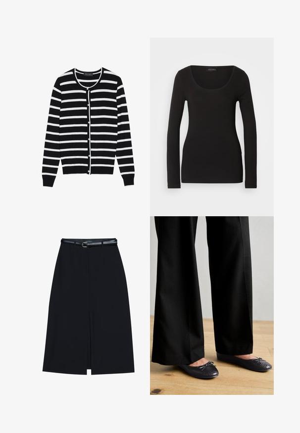 Sort og hvid stribet cardigan med en rund halsudskæring, lange ærmer og perleagtige knaplukninger ned ad forsiden.; Sort langærmet top med en rund halsudskæring, lavet af blødt, strækbart stof. Har en tætsiddende pasform og glat tekstur. Brandlabel synlig.; Sort knælang nederdel med en foran slids, lavet af glat stof. Har et tyndt sort bælte med en sølvfarvet spænde og bæltestropper.; Sort bukser med bredde ben og en struktureret overflade, parret med flade sko med en sløjfe og et subtilt krokodillepræget design i sort.
