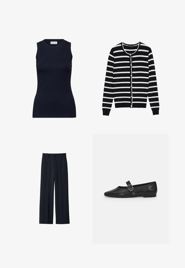 Sort og hvid stribet cardigan med en rund halsudskæring, lange ærmer og perleagtige knaplukninger ned ad forsiden.; Marineblå ærmeløs top lavet af glat bomuld, med en rund halsudskæring og en tætsiddende pasform uden pynt. Afslappet og alsidig.; Navy vide bukser lavet af et glat stof; har en talje, bæltestropper og sidelommer; minimalistisk design uden mønstre.; Sorte læder flade sko med rund tå, et enkelt justerbart spænde og en glat, blank overflade. Minimalistisk design med en lav hæl.
