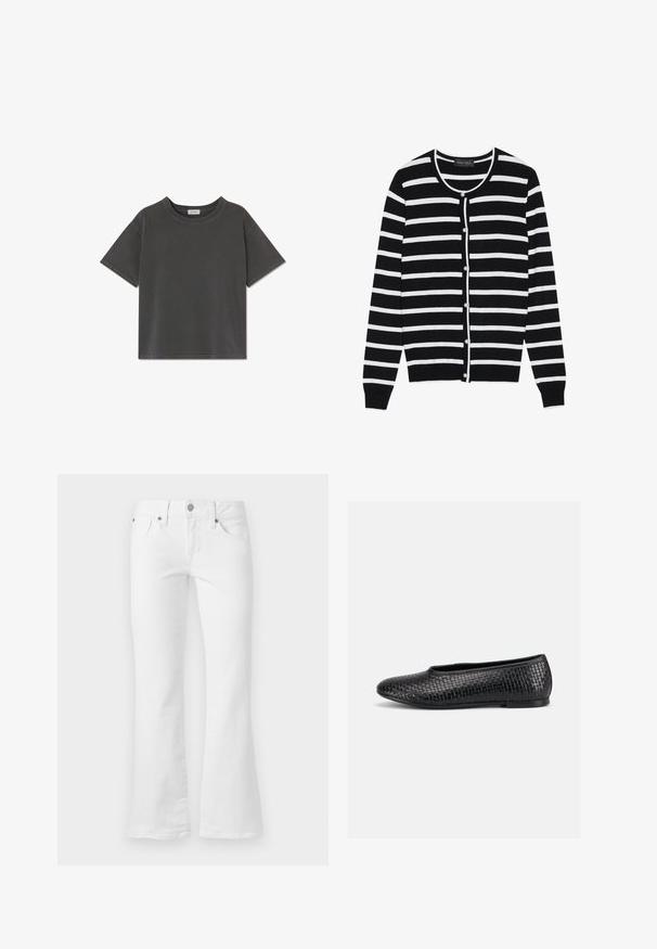Sort og hvid stribet cardigan med en rund halsudskæring, lange ærmer og perleagtige knaplukninger ned ad forsiden.; Koksgrå T-shirt med korte ærmer og rund hals, lige kant og synlige syninger på ærmer og krave.; Hvide denimjeans med knap- og lynlåslukning, forlommer og møntlomme samt let vide ben.; Sort tekstureret flad sko med rund tå og lav hæl, vist i sideprofil på en enkel lys baggrund.
