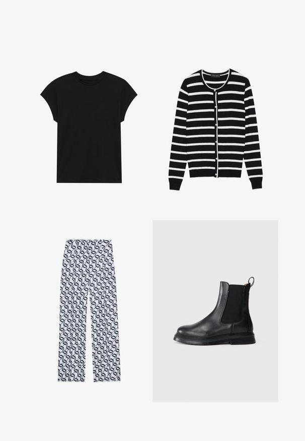 Cardigan à rayures noires et blanches, avec un col rond, des manches longues et des boutons en forme de perle sur le devant.; T-shirt en coton noir avec un col rond, des manches courtes et une coupe décontractée. Texture lisse sans motifs ni embellissements visibles.; Pantalons larges blancs avec un motif géométrique bleu marine, dotés d'une texture douce et d'une taille élastique pour un ajustement confortable.; Bottines Chelsea en cuir noir avec des panneaux latéraux élastiques, bout arrondi et semelle en caoutchouc noir texturé. Dispose d'une languette pour un enfilage facile.