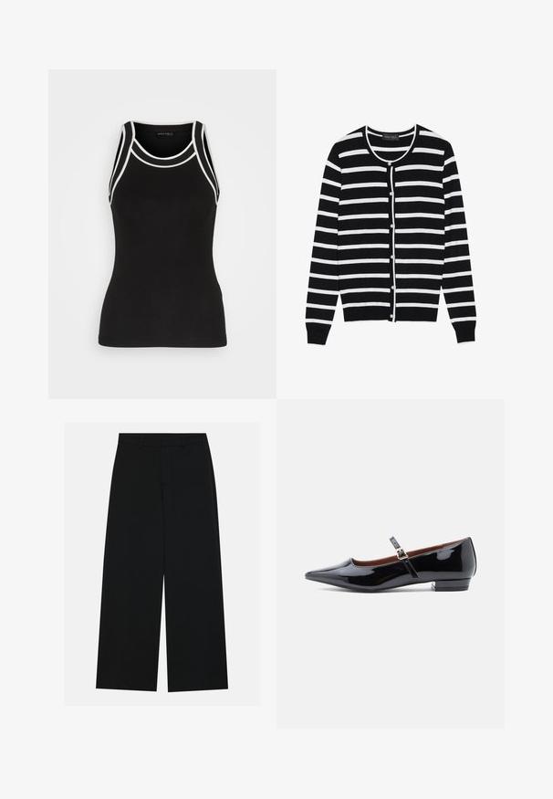 Cardigan à rayures noires et blanches, avec un col rond, des manches longues et des boutons en forme de perle sur le devant.; Débardeur noir à côtes avec des bordures blanches. Il présente un col rond et un design dos nageur. Fabriqué en tissu extensible pour plus de confort.; Pantalons noirs à jambe large en tissu lisse. Dotés d'une taille plate avec passants de ceinture et sans poches visibles. Design simple.; Escarpin Mary Jane en cuir verni noir avec bout pointu et petit talon, doté d'une sangle ajustable avec boucle dorée.