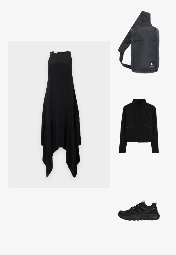 Chaqueta deportiva negra con un alto cuello, cierre de cremallera y detalles de costura sutiles. Fabricada con material suave y elástico, cuenta con bolsillos laterales.; Vestido negro sin mangas con escote alto y dobladillo asimétrico en forma de pañuelo, presentado sobre un fondo claro y liso.; Zapato deportivo negro impermeable con parte superior de malla texturizada, suela de goma, cordones elásticos y mínimos acentos reflectantes para una mayor visibilidad.; Bolso bandolera negro fabricado con tela resistente, con una correa acolchada y transpirable, compartimentos con cremallera y una etiqueta con el logo en el frente.