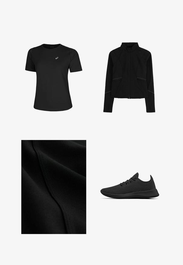 Schwarze Sportjacke mit hohem Kragen, Reißverschluss und subtilen Nahtdetails. Hergestellt aus weichem, dehnbarem Material mit seitlichen Taschen.; Schwarzes Sport-T-Shirt aus glattem Material, mit Rundhalsausschnitt und kurzen Ärmeln. Es verfügt über ein reflektierendes Logo auf der linken Vorderseite.; Schwarzer Stoff mit gerippter Textur, der dezente Stepp-Details und glatte, fließende Falten aufweist. Dünnes und leichtes Material.; Allbirds TREE RUNNERS - Sneaker low - jet black