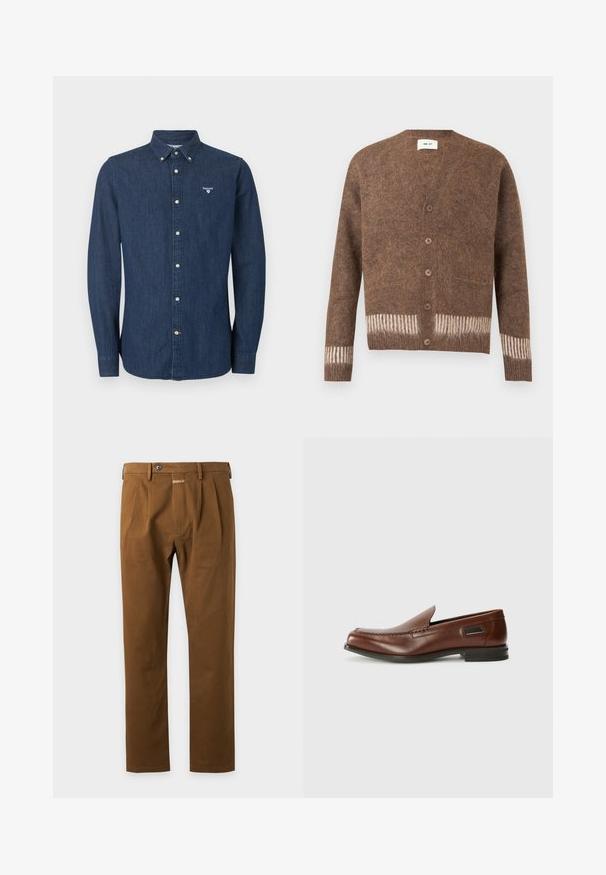 Cardigan marron en tissu duveteux avec cinq boutons et des accents à rayures blanches sur les poignets et l'ourlet, étiqueté NN.07.; Chemise en denim bleu foncé à manches longues avec fermeture à boutons, col boutonné et logo Barbour blanc sur la poitrine gauche.; Pantalon marron à jambes droites avec passants de ceinture, bouton à l'avant et détails plissés sur fond clair.; Stuart Weitzman BURT - Chaussons - auburn