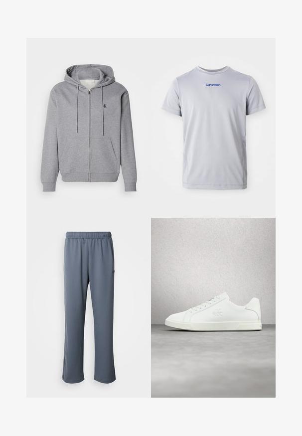 Grå zip-up hoodie lavet af blødt stof, med hætte, snoretræk, to forlommer og et lille sort logo på brystet.; Lys grå kortærmet t-shirt lavet af tekstureret stof, med et blåt "Calvin Klein" logo tværs over brystet. Rund halsudskæring, normal pasform.; Grå sweatpants med elastisk talje, sidelommer og en afslappet pasform. Fremstillet af blødt stof med en glat tekstur og uden synlige mønstre.; Hvid lædersneaker med en glat overflade, snørelukning, logodetalje på siden og en kontrasterende hvid gummisål.