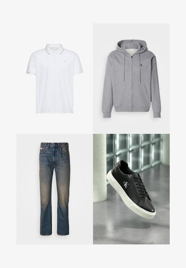 Grå zip-up hoodie lavet af blødt stof, med hætte, snoretræk, to forlommer og et lille sort logo på brystet.; Hvid kortærmet polo med to-knaps lukning, grå kant på krave og ærmekanter samt lille "ck" logo broderet på brystet.; Højtaljede blå jeans lavet af denim, med et lige ben-design, falmede slidte lapper og traditionel fem-lomme stil.; Sort lædersneaker med hvid gummisål og "CK Calvin Klein"-logo på siden, vist mod en baggrund af glasskifter.