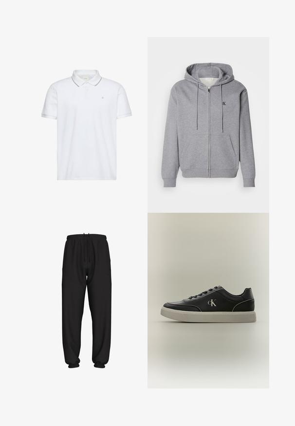 Sudadera con cremallera gris hecha de una tela suave, con capucha, cordones, dos bolsillos frontales y un pequeño logo negro en el pecho.; Polo blanco de manga corta con tapeta de dos botones, ribete gris en el cuello y los puños, y pequeño logo "ck" bordado en el pecho.; Pantalones deportivos negros de corte holgado con cintura y puños elásticos, con cordón ajustable en la cintura.; Zapatilla negra de caña baja con suela blanca, cordones negros y logotipo plateado de CK en el lateral, mostrada de perfil sobre fondo liso.