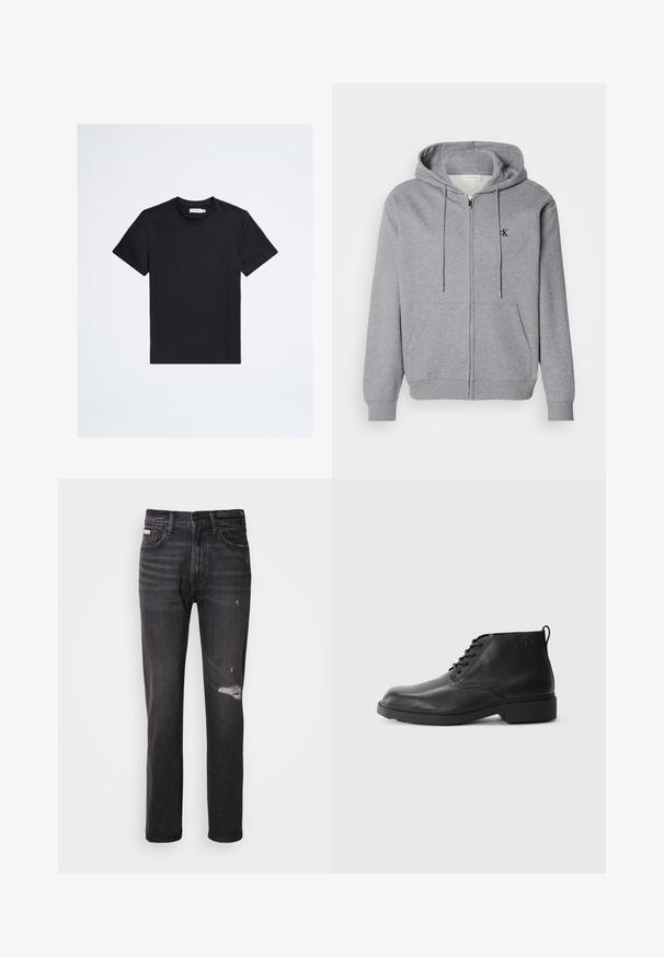 Graue Zip-Hoodie aus weichem Stoff, mit Kapuze, Kordelzügen, zwei Vordertaschen und einem kleinen schwarzen Logo auf der Brust.; Schwarzes T-Shirt mit kurzen Ärmeln und Rundhalsausschnitt mit kleinem tonalem Logo auf der linken Brust und weißem Markenetikett im Kragen.; Schwarze Denim-Jeans mit gerade geschnittenem Bein, ausgefransten Details an den Knien, Fünf-Taschen-Stil und einem dezenten, ausgewaschenen Finish.; Schwarze Lederstiefel mit strukturierter Oberfläche, runder Zehenpartie, Schnürung vorne und einer robusten Gummisohle. Verfügt über eine kleine Zuglasche an der Rückseite.