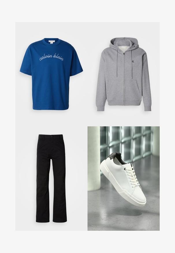 Sudadera con cremallera gris hecha de una tela suave, con capucha, cordones, dos bolsillos frontales y un pequeño logo negro en el pecho.; Camiseta de algodón azul con cuello redondo y mangas cortas, con "calvin klein" elegantemente bordado en cursiva blanca a través del pecho.; Pantalones de algodón negros con un diseño de pierna recta, que cuentan con un cierre de botón y lazos para cinturón. Textura suave y estilo minimalista sin patrones visibles.; Zapatilla blanca de perfil bajo con lengüeta del talón texturizada en negro, cordones blancos y suela gruesa sobre un suelo de cemento pulido cerca de bloques de vidrio.