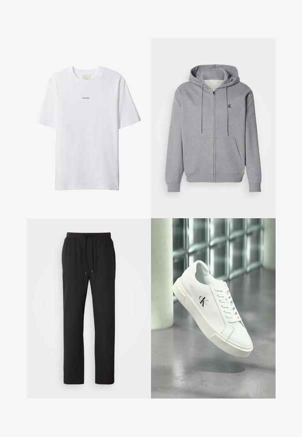 Sudadera con cremallera gris hecha de una tela suave, con capucha, cordones, dos bolsillos frontales y un pequeño logo negro en el pecho.; Camiseta blanca de algodón con cuello redondo y mangas cortas. Cuenta con un pequeño logo negro de "Calvin Klein" centrado en el pecho.; Pantalones de chándal negros hechos de tela ligera, con una cintura elástica y cordones ajustables, además de bolsillos laterales. Textura suave.; Zapatilla blanca Calvin Klein con cordones, mostrada flotando sobre un suelo de cemento pulido y un fondo de pared de bloques de vidrio.