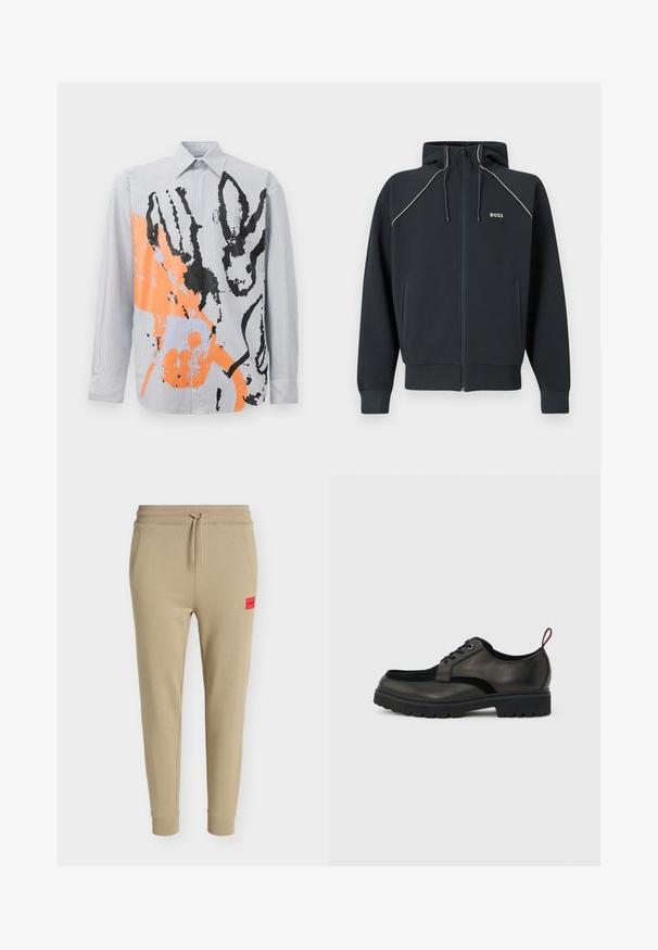 Dunkelblauer Kapuzenpullover mit Reißverschluss, Kapuze, weißen Akzentnähten, zwei Seitentaschen und "BOSS"-Logo auf der Brust. Hergestellt aus weichem, strukturiertem Stoff.; Gestreifte Button-up-Bluse mit einem abstrakten Design in Orange und Schwarz, das Tierumrisse und zeitgenössische Pinselstrichakzente zeigt.; Beige zulaufende Sweatpants mit elastischem Bund, Kordelzug, Seitentaschen, gerippten Bündchen und einem kleinen roten Hugo-Logo-Patch auf dem linken Oberschenkel.; Schwarzer Leder-Schnürschuh mit dicker, profillierter Sohle und rotem Fersenzuglasche, seitlich auf einem hellgrauen Hintergrund dargestellt.