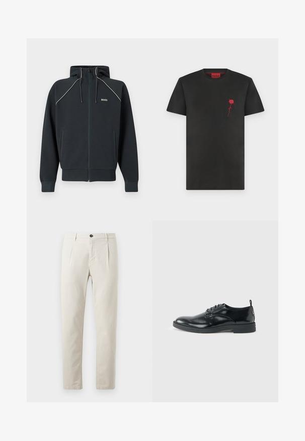 Dunkelblauer Kapuzenpullover mit Reißverschluss, Kapuze, weißen Akzentnähten, zwei Seitentaschen und "BOSS"-Logo auf der Brust. Hergestellt aus weichem, strukturiertem Stoff.; Schwarzes kurzärmeliges T-Shirt mit rundem Ausschnitt, mit kleinem rotem Rosenmotiv und "HUGO" Logo auf der Brust.; Beige Baumwollhosen mit geradem Bein, ausgestattet mit einem einzelnen schwarzen Knopfverschluss und zwei Vorderaschen. Glatte Textur.; Glänzender schwarzer Lederschuh mit niedrigem Absatz, Schnürverschluss und runder Kappe, seitlich auf hellem, schlichten Hintergrund gezeigt.